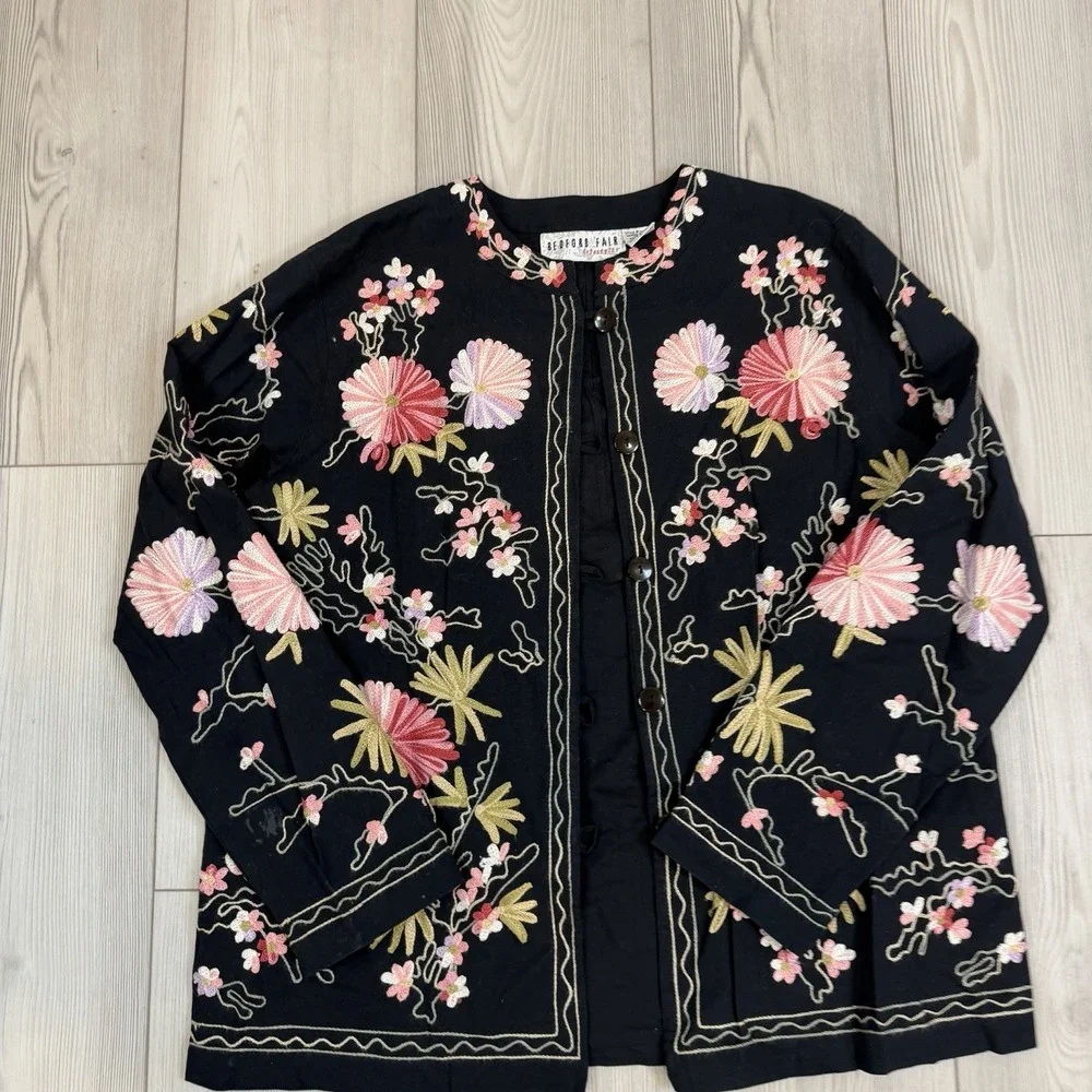 Vtg BEDFORD FAIR lifestyle Women's Large All Over Embroidered Floral Jacket Boho